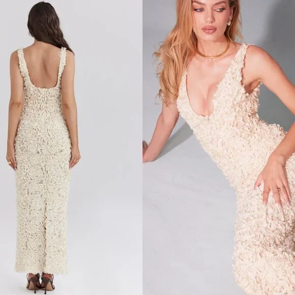 HOUSE OF CB 'Carena' Creme Plunge Floral Appliqué Maxi Dress NWT - Picture 4 of 13